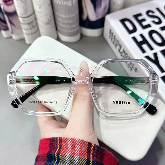 Upgrade your everyday look with our oversized clear polygonal glasses! Featuring a trendy geometric transparent frame, these lightweight eyeglasses offer a flattering face-slimming effect. Perfect for clean girl aesthetics, office wear, or a chic no-makeup vibe. Shop our crystal clear collection now!