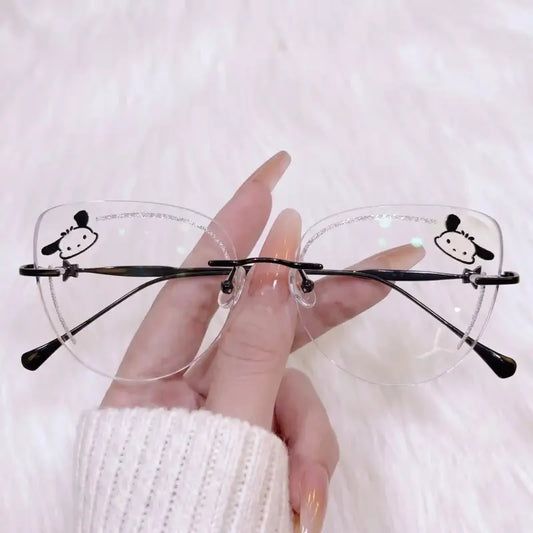 Show off your cute & cool style with our black metal rimless clear glasses! Featuring a charming anime dog print, sparkly silver glitter rim, star-hinge temples, and lightweight frameless lenses. Perfect for Sanrio lovers, alt girls, and kawaii Y2K outfits. Shop now!