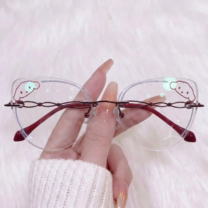 Adorn your look with our kawaii burgundy rimless clear glasses! Featuring a cute cartoon puppy lens detail, sparkly glitter edges, and unique wine-red twisted metal temples. Perfect for Sanrio lovers & Y2K aesthetics. Shop now!