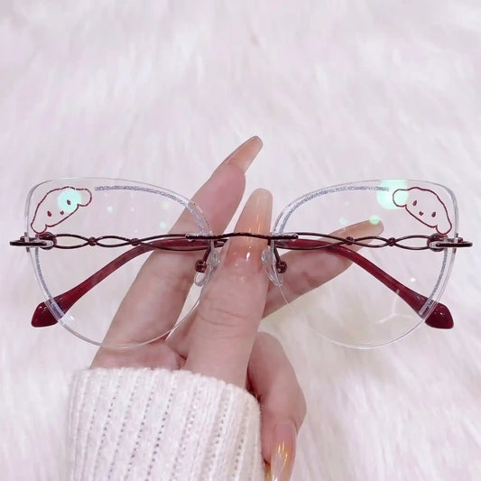 Adorn your look with our kawaii burgundy rimless clear glasses! Featuring a cute cartoon puppy lens detail, sparkly glitter edges, and unique wine-red twisted metal temples. Perfect for Sanrio lovers & Y2K aesthetics. Shop now!