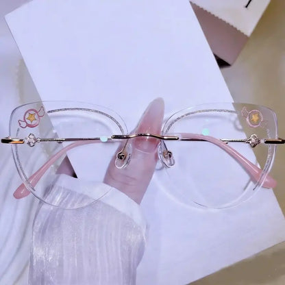Transform your style with our magical girl rimless clear glasses! Featuring a cute pink winged star lens print, sparkly silver glitter edge, and enchanted gold key-wand metal temples. Perfect for anime lovers & kawaii aesthetic outfits. Shop today!